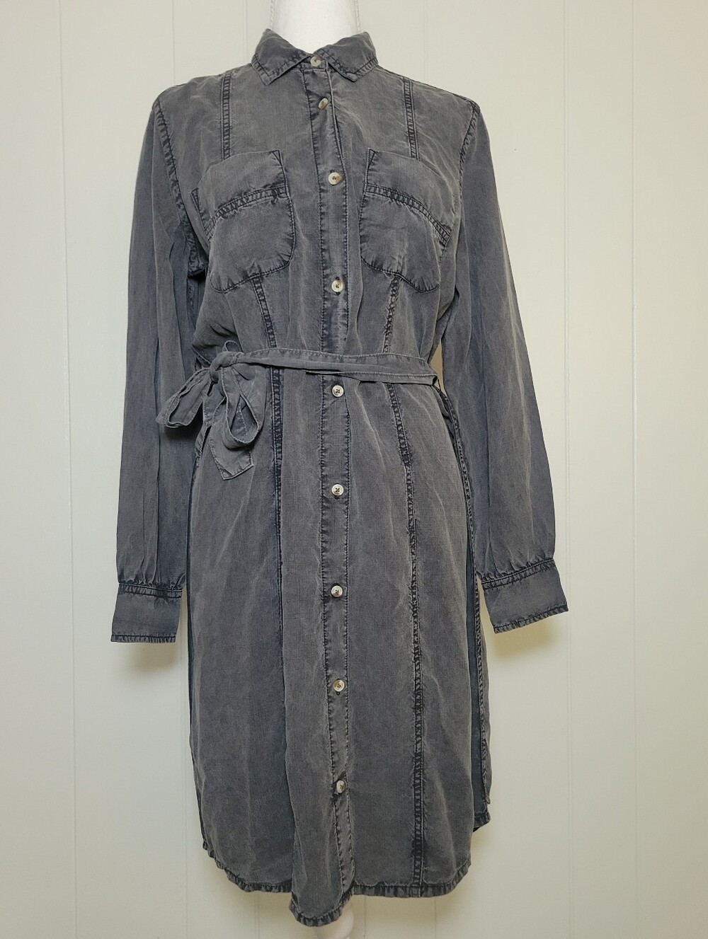 NWT Hatley Riley Shirt Dress Black Gray Acid Wash Tencel Belted Tie Waist SM